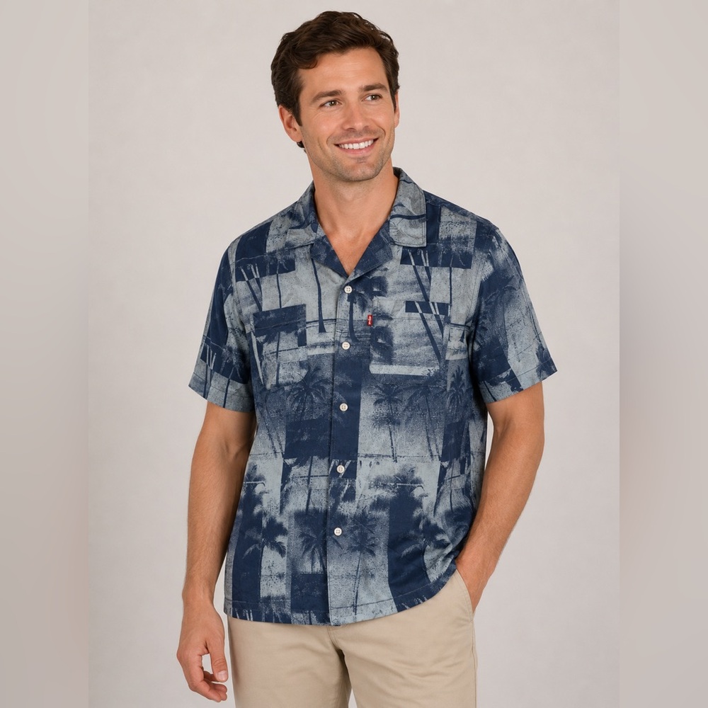 ✨$12 Clear Out ✨ Levi's Navy and Light Blue Palm-Print Relaxed Fit Camp Shirt